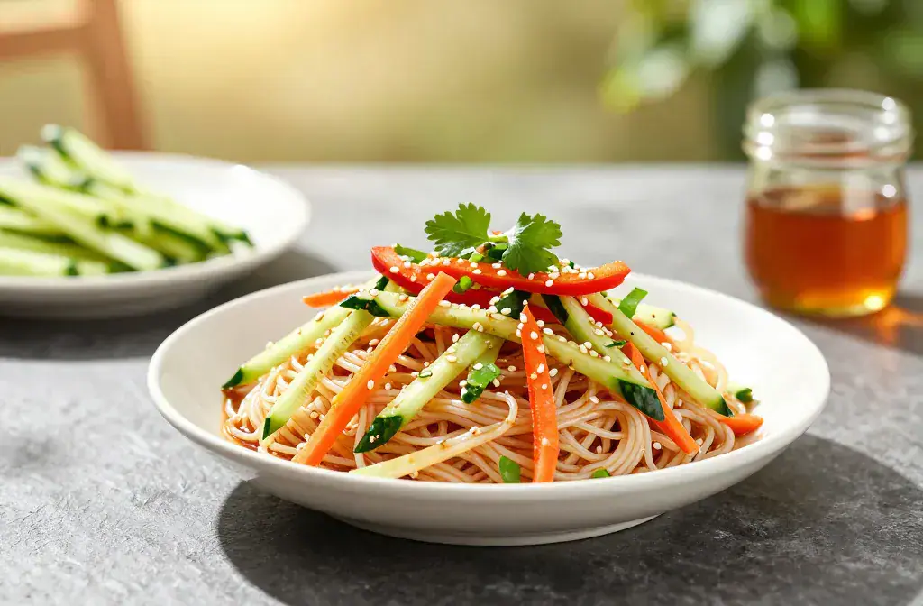 Finished 15-minute cold noodle salad hot recipe for 15-Minute Cold Noodle Salad for Hot Summer Nights: a Boost of Cool Flavor - A vibrant hero of a glossy bowl