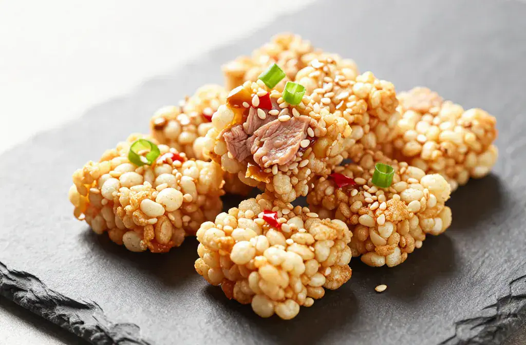 Finished air fryer crispy rice bites recipe for Air Fryer Crispy Rice Bites with Spicy Tuna: Crunch for Any Bite - A close-up, high-contrast hero shot of bite-s