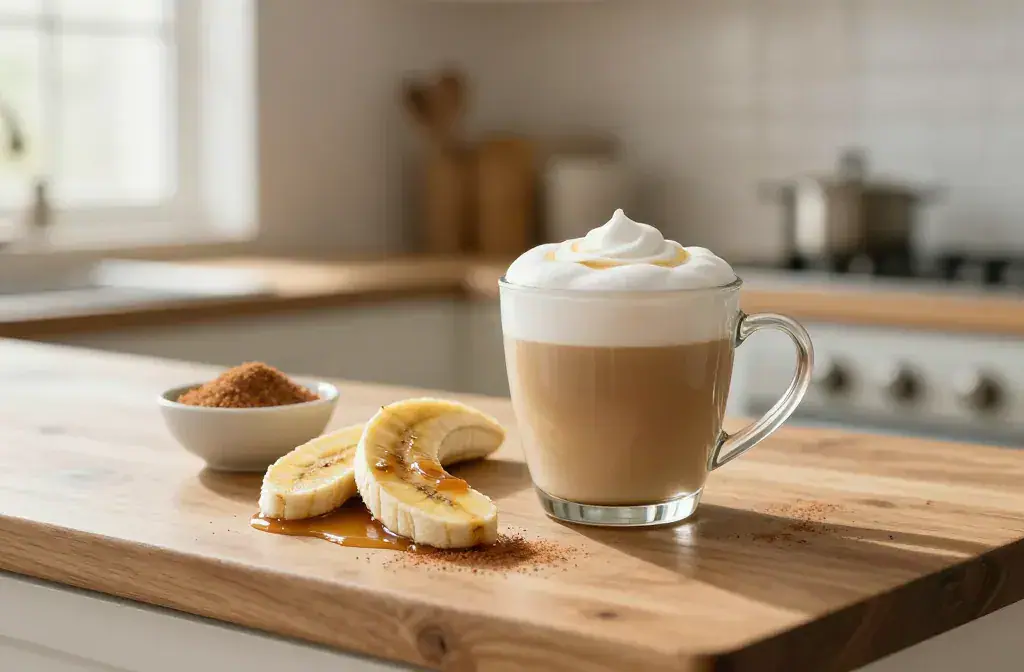 Finished banana bread latte can home recipe for Banana Bread Latte You Can Make at Home: Cozy Copycat Brew - A cozy, sunlit kitchen scene featuring a beautifull
