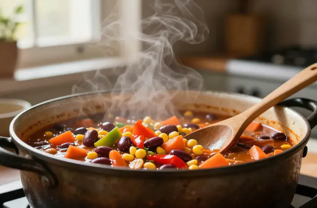 Finished bean veggie chili stretch grocery recipe for Bean and Veggie Chili to Stretch Your Grocery Budget: Weeknight Win - A vibrant hero of a cozy, one-pan be