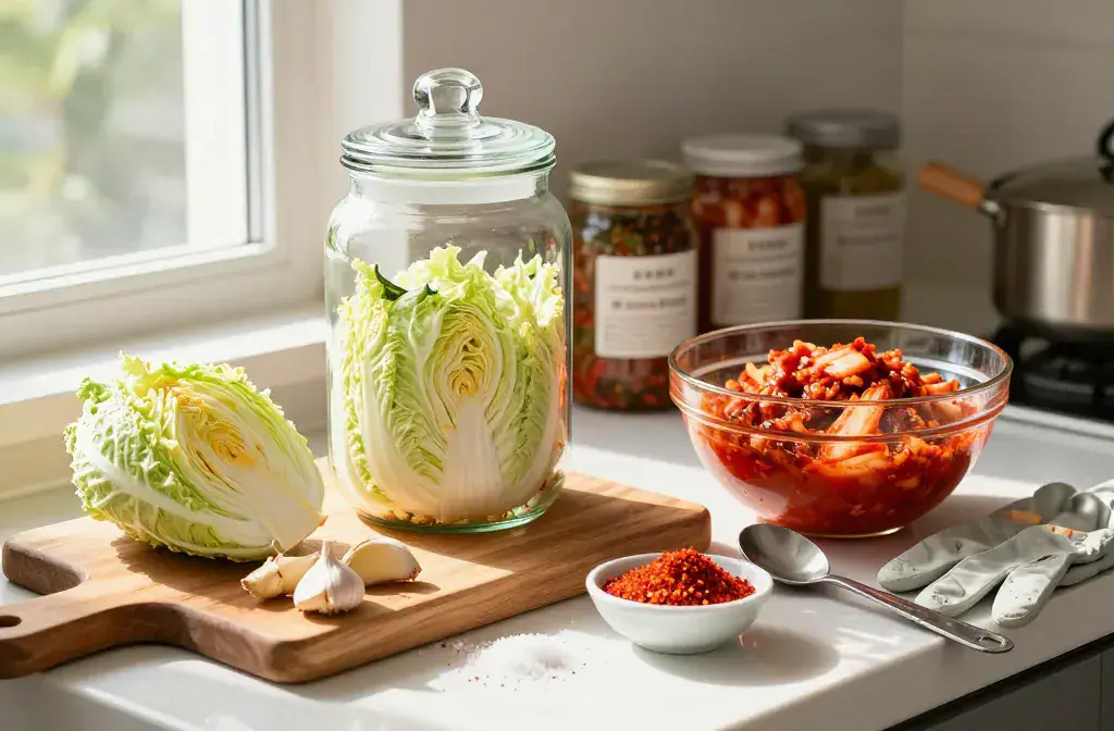 Finished beginner kimchi special tools recipe for Easy Beginner Kimchi with No Special Tools: Quick Crunchy Win - A bright, inviting kitchen scene featuring a l