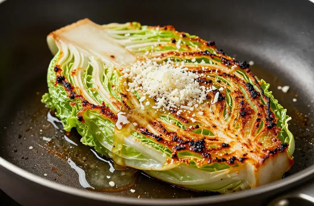 Finished blistered cabbage steaks garlic butter recipe for Crispy Bliss: Blistered Cabbage Steaks with Garlic Butter and Parmesan - A close-up, high-contrast he
