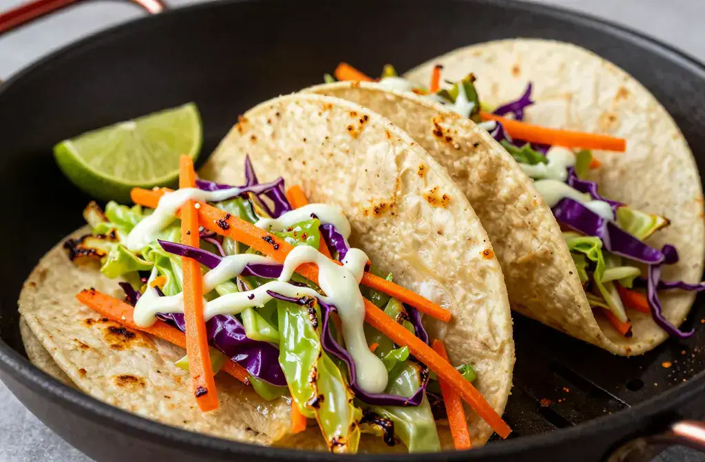 Finished blistered cabbage tacos spicy slaw recipe for Blistered Cabbage Tacos with Spicy Slaw: Crispy Flavor Bomb - A sizzling skillet with blistered cabbage t