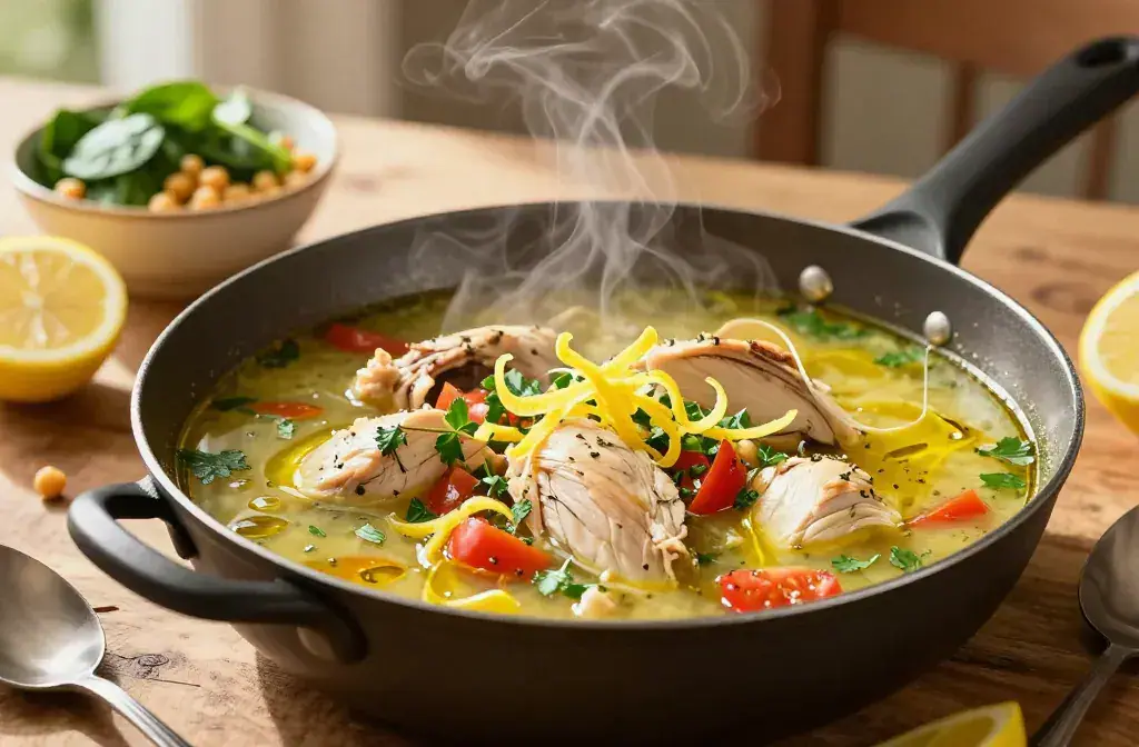 Finished bright brothy mediterranean lemon chicken recipe for Bright and Brothy Mediterranean Lemon Chicken Soup in 30 Minutes: Fast Sunlit Dinner - A sunlit, c