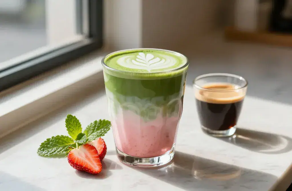 Finished caf -style matcha strawberry latte recipe for Café-Style Matcha Strawberry Latte (Easy Recipe) Snap Drink Vibes - A vibrant, cafe-style hero shot of a