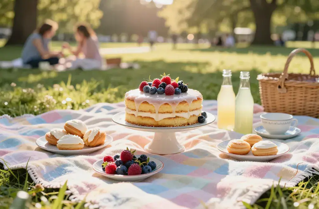 Finished cake picnic sweetest way gather recipe for Cake Picnic Ideas: the Sweetest Way to Gather This Summer - Delightful - A sunlit, pastel-themed picnic scen