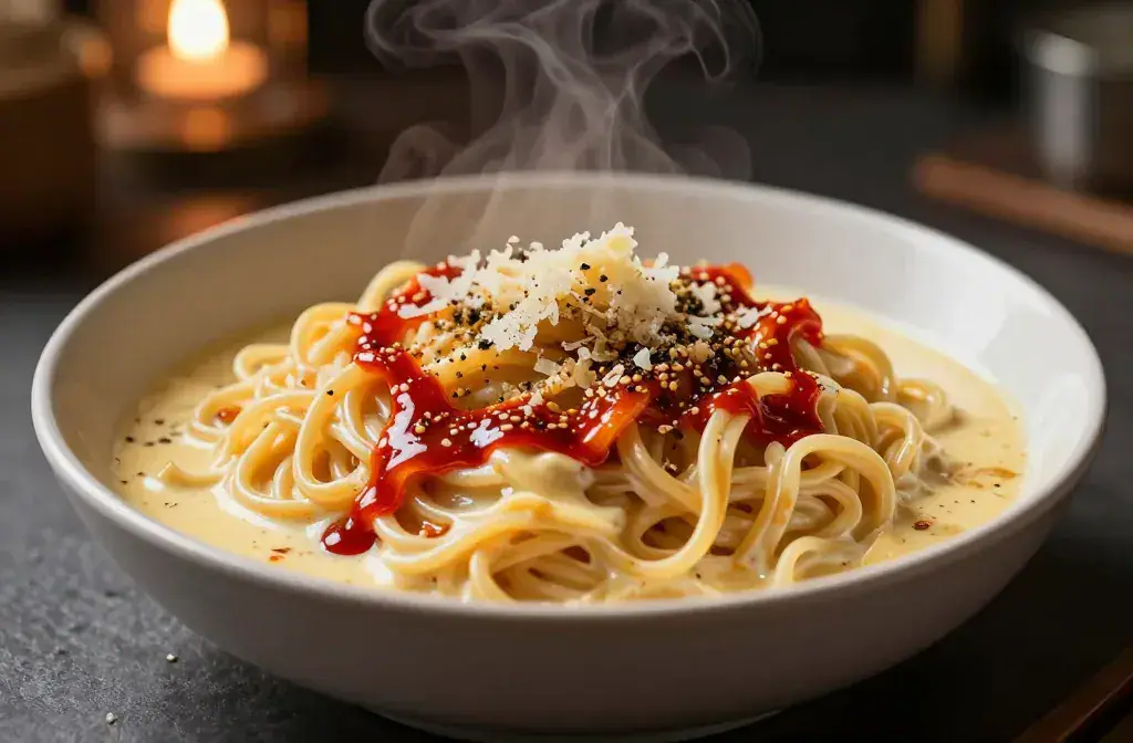 Finished carbonara buldak ramen viral spicy recipe for Carbonara Buldak Ramen: the Viral Spicy Pasta Mashup Everyone Is Pinning Craze - A vibrant, high-contrast