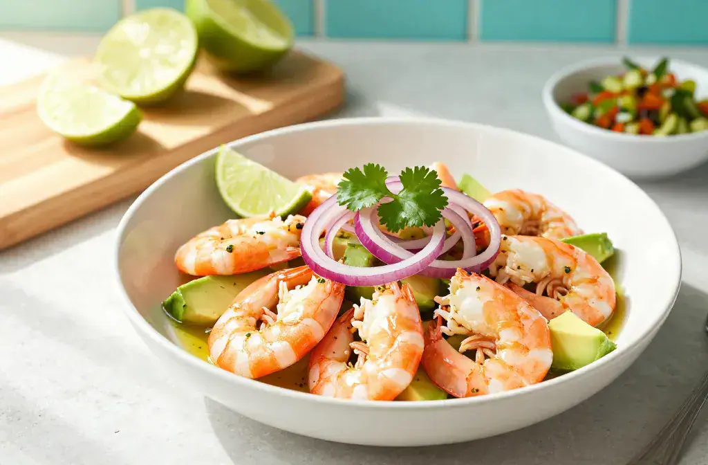 Finished ceviche loaded shrimp avocado recipe for Easy Ceviche Recipe Loaded with Shrimp and Avocado: Quick Summer Feast - A vibrant hero of a bright shrimp and