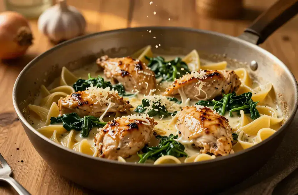 Finished cheesy spinach dip chicken pasta recipe for Cheesy Spinach Dip Chicken Pasta for a Cozy Family Dinner: One-Pan Comfort - A warm, inviting one-pan dinne