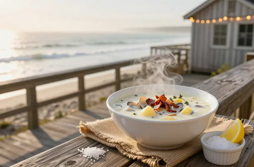 Finished clam chowder taste like coastal recipe for 15 Easy Clam Chowder Recipes That Taste Like a Coastal Vacation - A lush, coastal-clam-chowder hero : a sunl