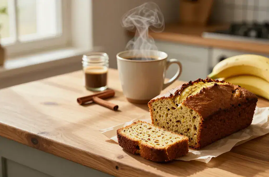 Finished coffee shop banana bread cozy recipe for Coffee Shop Banana Bread for Cozy Weekend Baking: Comfort in a Loaf - A warm, inviting kitchen scene for a blo