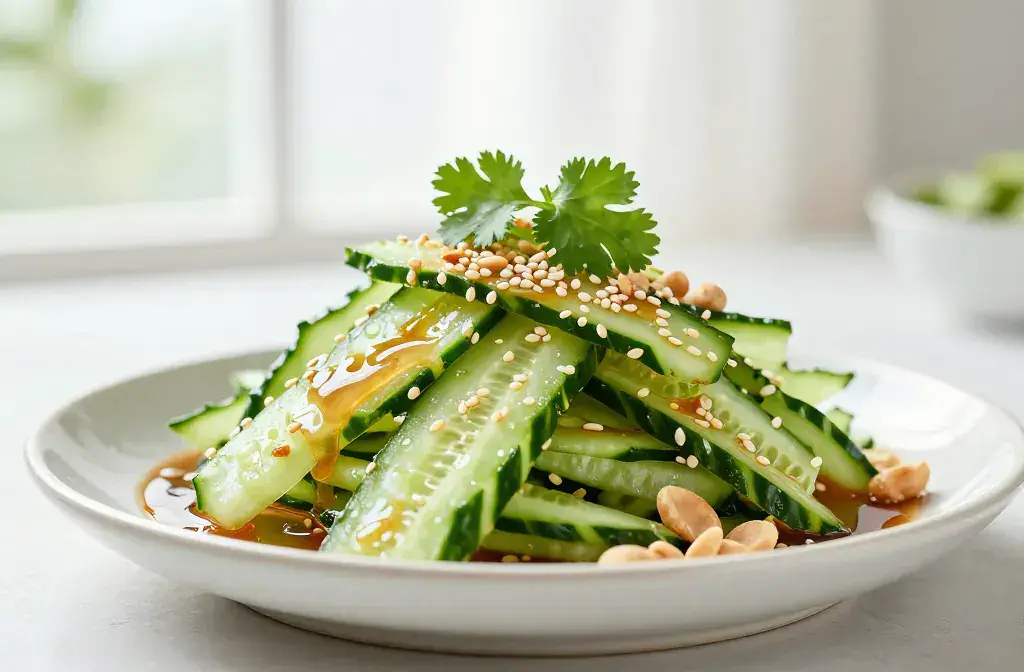 Finished cold cucumber salad tangy sesame recipe for Chillout Now: Cold Cucumber Salad with Tangy Sesame Dressing - A vibrant hero of a crisp cold cucumber sala