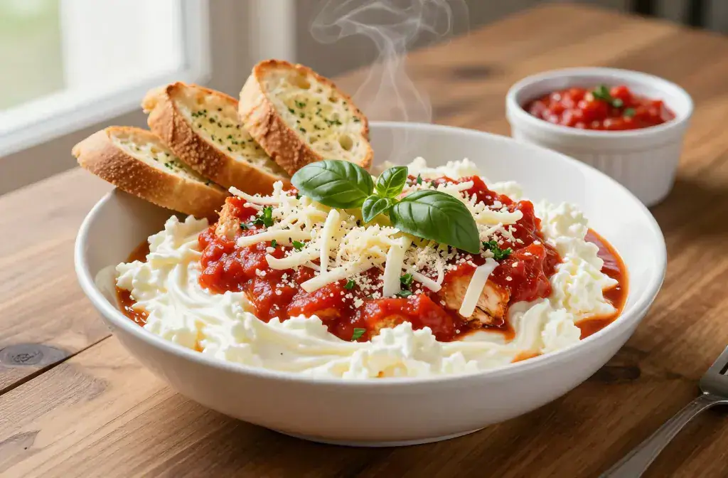 Finished cottage cheese chicken parm bowl recipe for Cottage Cheese Chicken Parm Bowl Ready in 10 Minutes: Weeknight Win - A photorealistic, vibrant hero shot o