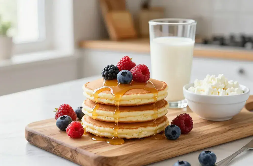 Finished cottage cheese protein pancakes high-protein recipe for Cottage Cheese Protein Pancakes: 10 Easy High-Protein Breakfasts Boosts - A bright, inviting ki