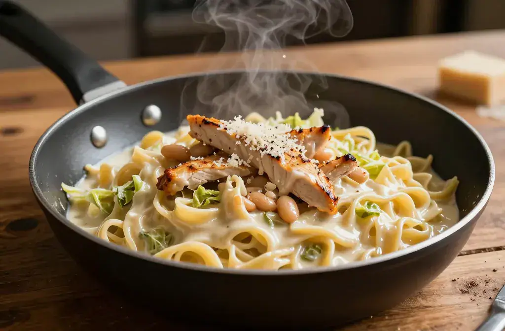 Finished creamy cabbage alfredo pasta high-protein recipe for Creamy Cabbage Alfredo Pasta (High-Protein Weeknight Dinner) Wins Tonight - A glossy, high-contras