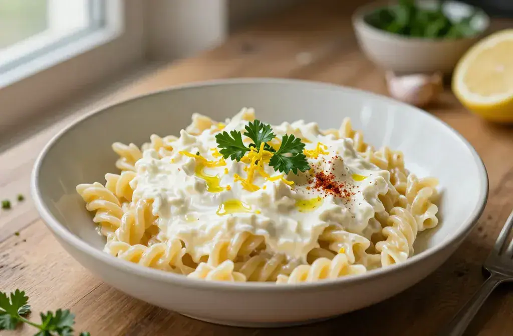 Finished creamy cottage cheese pasta indulgent recipe for Creamy Cottage Cheese Pasta: 10 Indulgent High-Protein Sauces Unveiled - A glossy close-up hero shot o