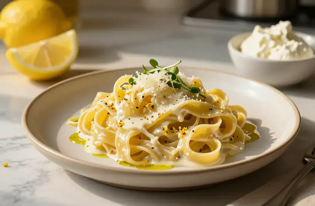 Finished creamy lemon ricotta pasta elegant recipe for Creamy Lemon Ricotta Pasta for an Easy Elegant Dinner: Quick Deluxe Dinner Delight - A glossy, creamy lem