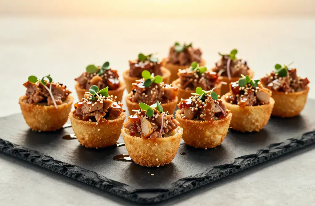 Finished crispy sushi cups spicy tuna recipe for Crispy Sushi Cups with Spicy Tuna (Viral Party Recipe) – Party-Perfect Bites - Vibrant hero shot of Crispy Sush