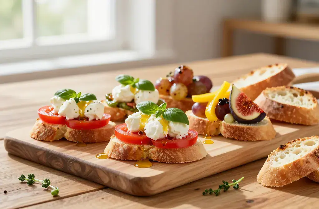 Finished crostini boards look fancy but recipe for 16 Easy Crostini Boards That Look Fancy but Take 10 Minutes - A vibrant hero of an elegant crostini board set
