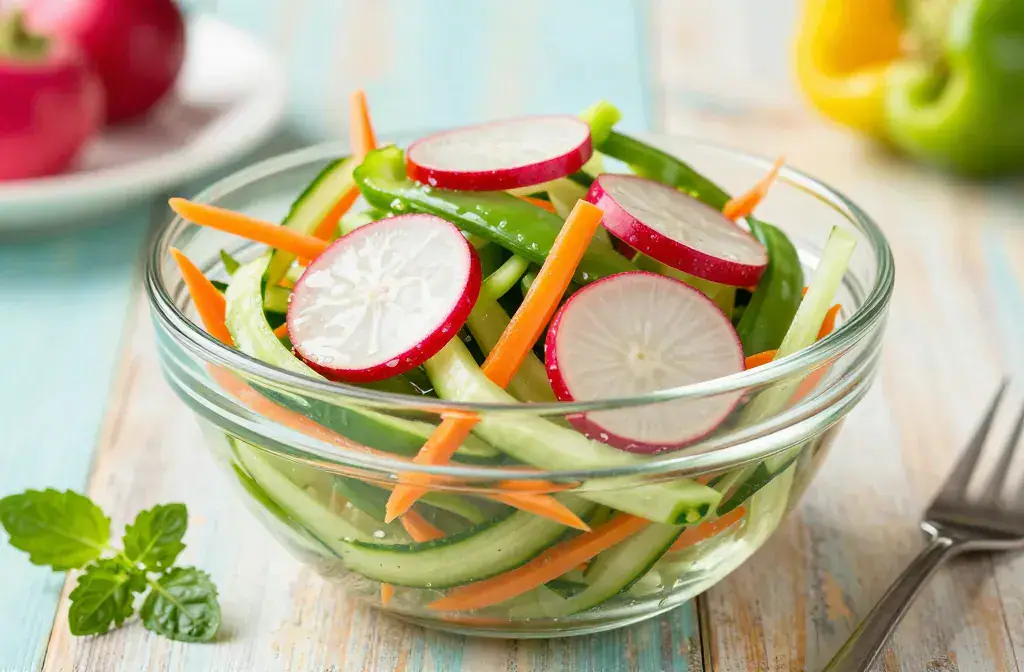 Finished crunchy pickled vegetable salad hot recipe for Chilled Crunchy Pickled Vegetable Salad for Hot Summer Days Bash - A vibrant hero of a crunchy pickled v