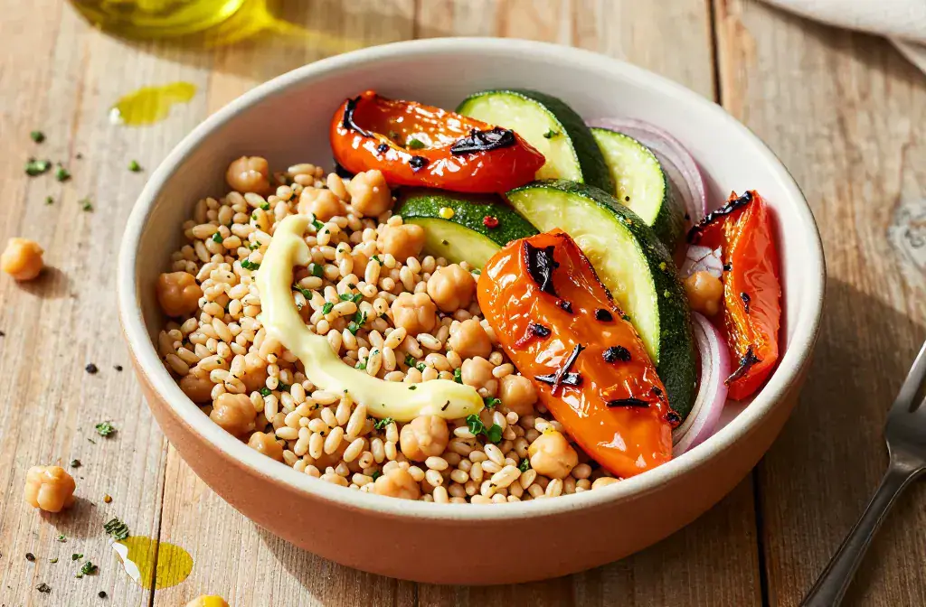 Finished fibermaxxing lunch bowl roasted veggies recipe for Fibermaxxing Lunch Bowl with Roasted Veggies and Farro: Weeknight Win - A vibrant, high-contrast her