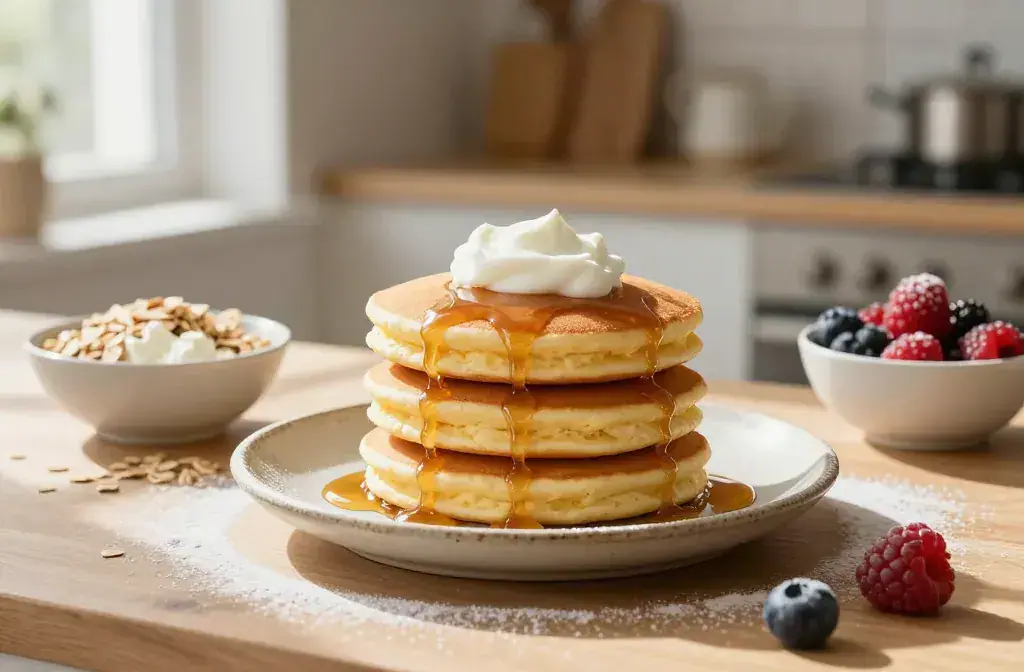 Finished fluffy cottage cheese protein pancakes recipe for Fluffy Cottage Cheese Protein Pancakes (Gluten-Free) – Morning Brunch Ready - A vibrant, cafe-inspire