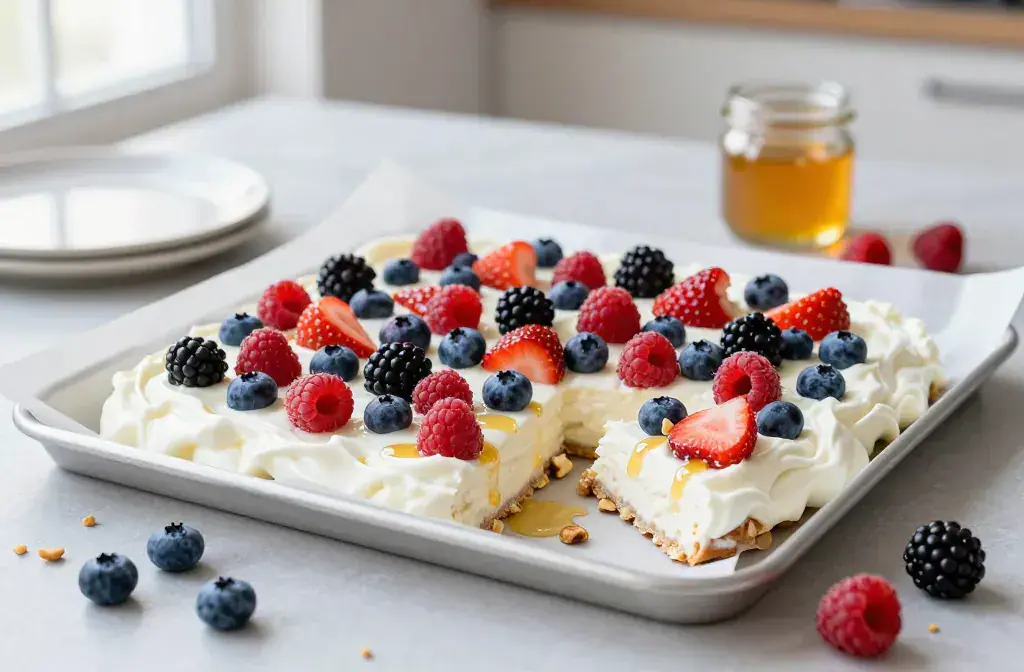 Finished frozen greek yogurt bark berries recipe for Frozen Greek Yogurt Bark with Berries (Healthy Treat) - Quick Crunchy Dessert - A vibrant hero shot of Froz