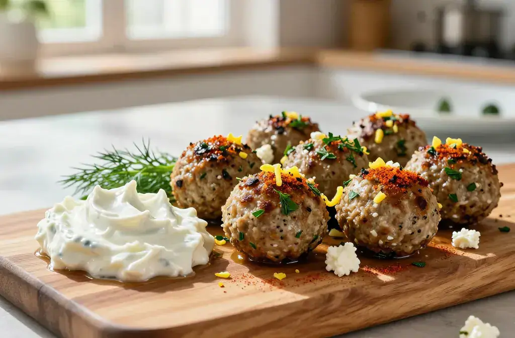 Finished greek meatballs cool tzatziki sauce recipe for Greek Meatballs with Cool Tzatziki Sauce: Weeknight Wow - A vibrant, sunlit blog header featuring golden