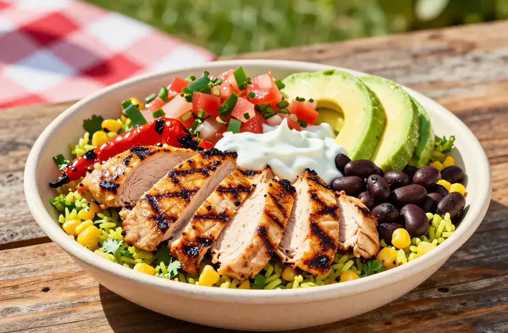 Finished grilled chicken burrito bowls summer recipe for Grilled Chicken Burrito Bowls for Easy Summer Dinners: Summer Shine - A vibrant, close-up hero shot of