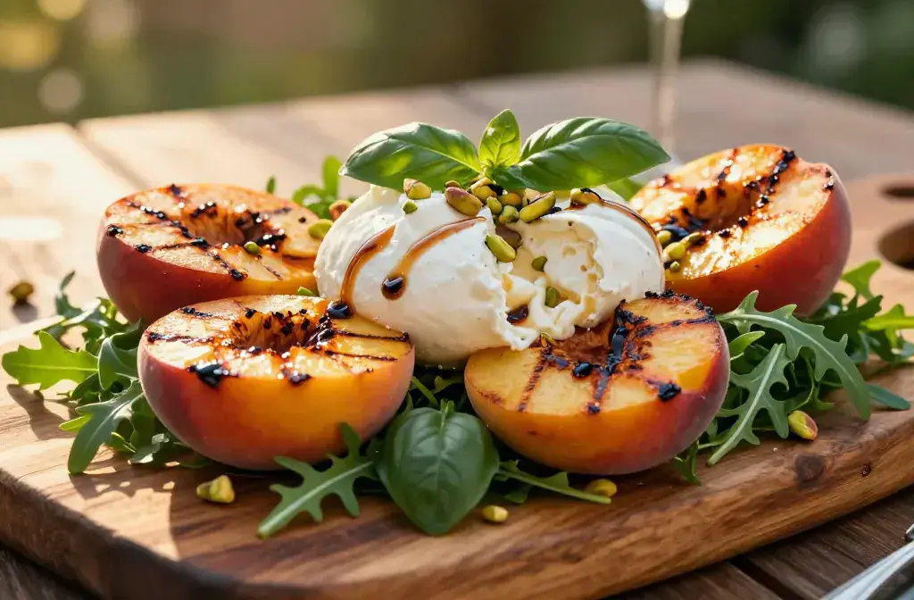 Finished grilled peach burrata salad backyard recipe for Grilled Peach and Burrata Salad for Backyard Bbqs: Easy Crowd-Pleaser - A vibrant hero of a grilled pea