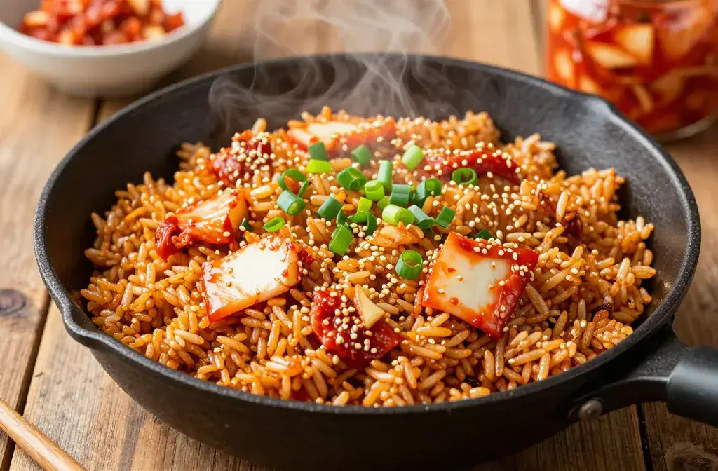 Finished gut-friendly kimchi fried rice ready recipe for Gut-Friendly Kimchi Fried Rice: 8 Recipes Ready in 15 Minutes for Busy Cooks - A vibrant, high-resoluti