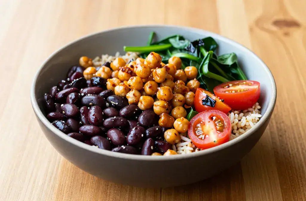 Finished high-fiber bean bowl crispy chickpeas recipe for High-Fiber Bean Bowl with Crispy Chickpeas: Weeknight Winner - A vibrant hero of a high-fiber bean bow