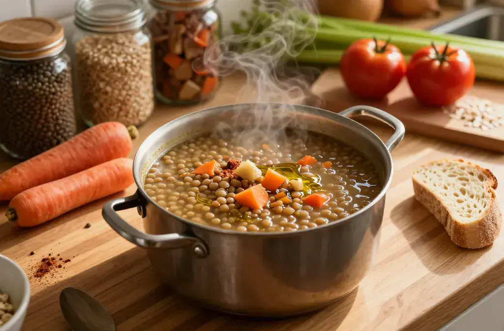 Finished high-fiber lentil soup cozy budget recipe for Cozy Budget Dinners: High-Fiber Lentil Soup for Cozy Budget Dinners - A cozy, rustic kitchen scene featur