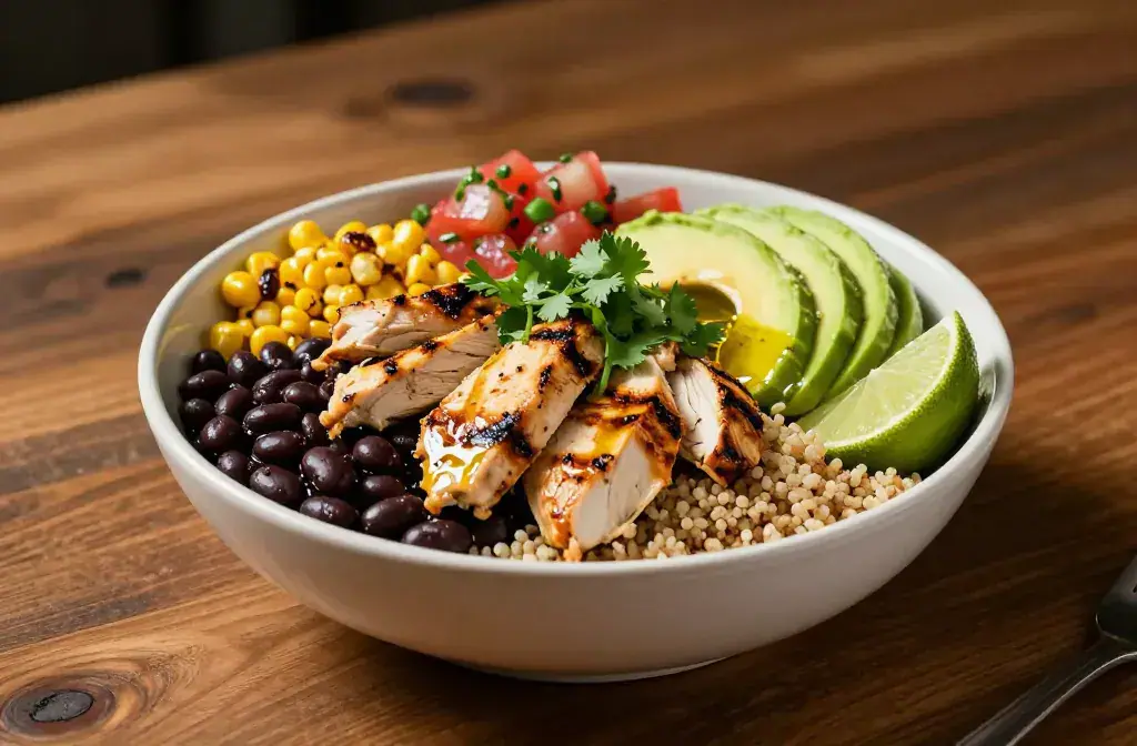Finished high protein burrito bowls keep recipe for High Protein Burrito Bowls That Keep You Full Everyday Fuel - A vibrant, glossy burrito bowl centerpiece on