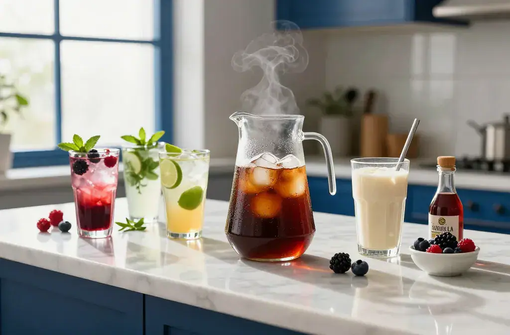 Finished home cafe iced drinks cheaper recipe for Home Cafe Iced Drinks Cheaper Than the Coffee Shop: Save on Sips - A sunlit, modern kitchen Countertop Scene f