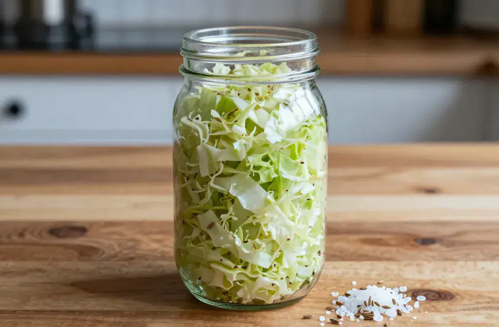 Finished homemade sauerkraut jar beginner guide recipe for Easy Homemade Sauerkraut in a Jar (Beginner Guide) - Quick Start Cheat Sheet - A vibrant, high-contra