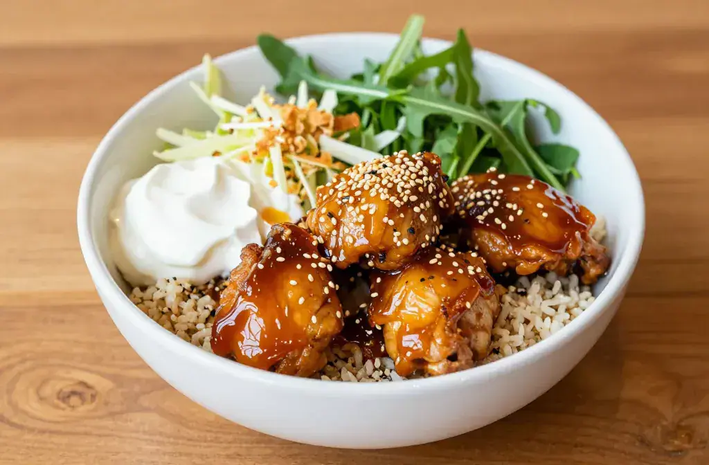 Finished hot honey chicken bowls ready recipe for Hot Honey Chicken Bowls: 15 Recipes Ready in Under 30 Minutes - Weeknight Wins - A vibrant, top-down hero shot