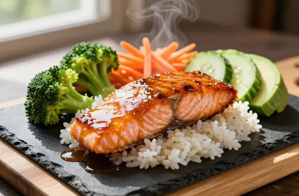 Finished hot honey salmon bowls sweet recipe for Hot Honey Salmon Bowls: 12 Sweet and Spicy Dinners for Busy Moms - Weeknight Win - A glossy hot honey salmon bo