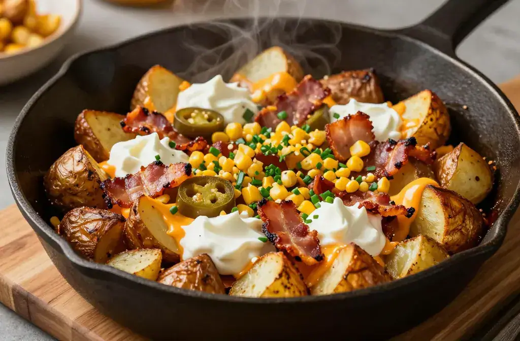 Finished loaded potato bowls topped everything recipe for Loaded Potato Bowls Topped with Everything Good: Weeknight Win - A sizzling, camera-ready skillet of l