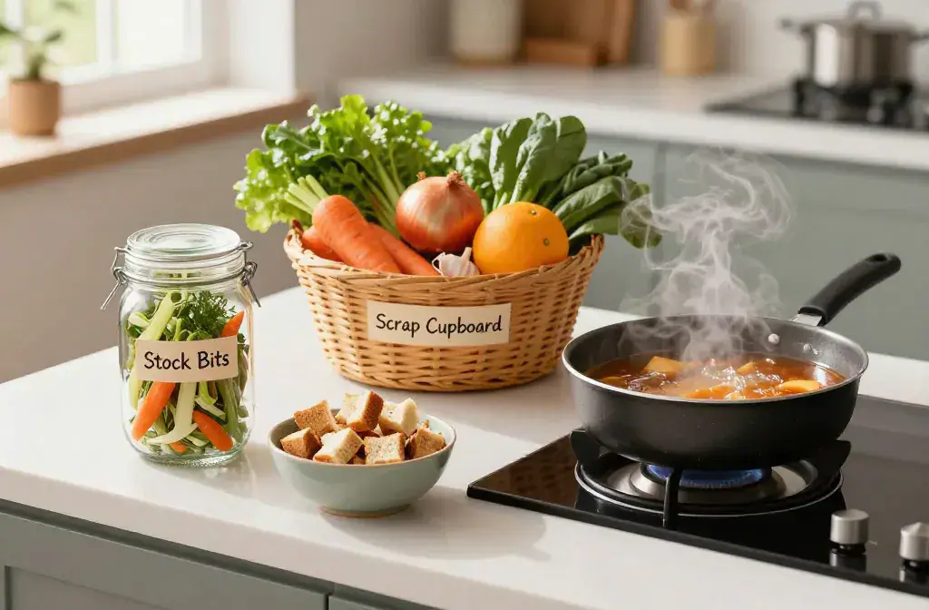 Finished low-waste cooking turn kitchen scraps recipe for Low-Waste Cooking: Turn Kitchen Scraps Into Delicious Meals That Wow - A vibrant top-down hero of a mo