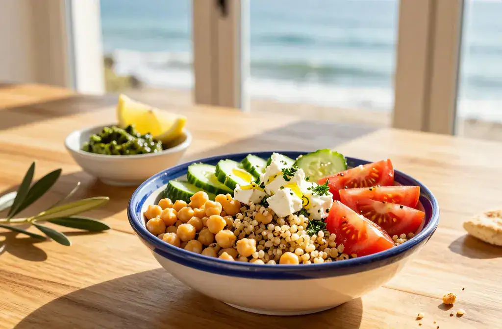 Finished mediterranean bowls feel like vacation recipe for 17 Mediterranean Bowls That Feel Like a Vacation: Quick Vibes - A vibrant Mediterranean bowl scene as