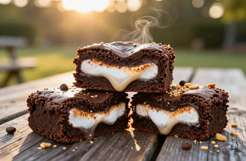 Finished mores brownies ultimate gooey summer recipe for S'Mores Brownies: the Ultimate Gooey Summer Cookout Treat - Sunny Bite - A dramatic hero shot of fudgy