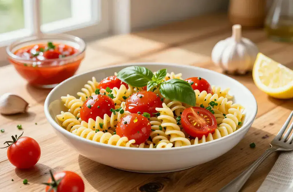 Finished no-cook summer pasta salad marinated recipe for No-Cook Summer Pasta Salad with Marinated Tomatoes: Fresh, Fast, Flavorful - A vibrant, sunlit kitchen