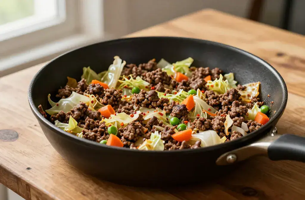 Finished one-pan ground beef cabbage skillet recipe for One-Pan Ground Beef and Cabbage Skillet (Budget Dinner) - Quick Weeknight Win - A high-contrast, studio-