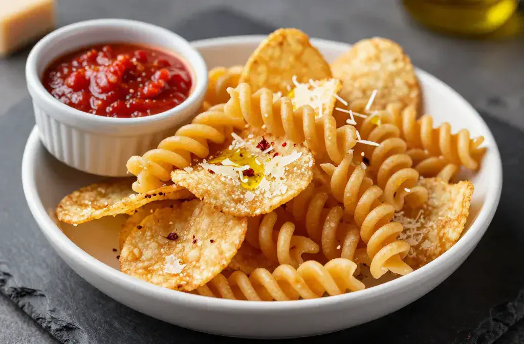Finished pasta chips marinara crunchy snack recipe for Pasta Chips with Marinara the Crunchy Snack Trend: Crunchy Weeknight Win - A vibrant hero shot of golden-