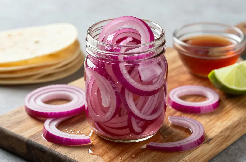 Finished quick pickled red onions tacos recipe for Quick Pickled Red Onions for Tacos, Bowls, and Burgers: Weeknight Hero - A vibrant, high-contrast hero of glo