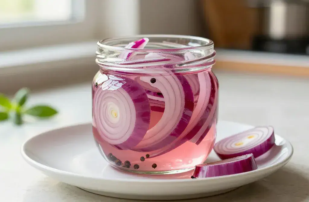 Finished quick pickled red onions upgrade recipe for Quick Pickled Red Onions That Upgrade Every Meal You’Ll Crave - A vibrant hero of glossy, thinly sliced red