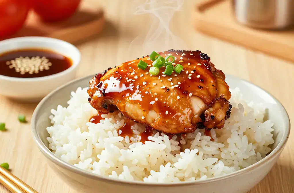 Finished quick teriyaki chicken rice bowls recipe for Quick Teriyaki Chicken Rice Bowls in 20 Minutes: Weeknight Wow - A glossy, pan-seared chicken thigh restin