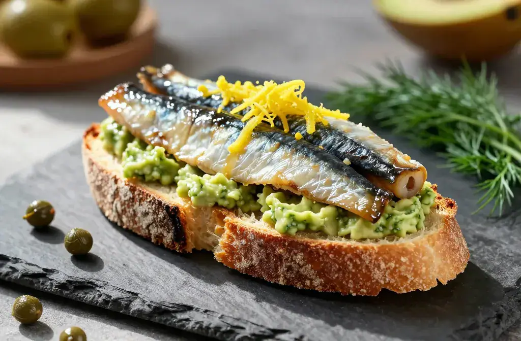 Finished sardine toast look way fancier recipe for Sardine Toast Recipes That Look Way Fancier Than They Are - Quick Hacks - A vibrant hero shot of a single rus