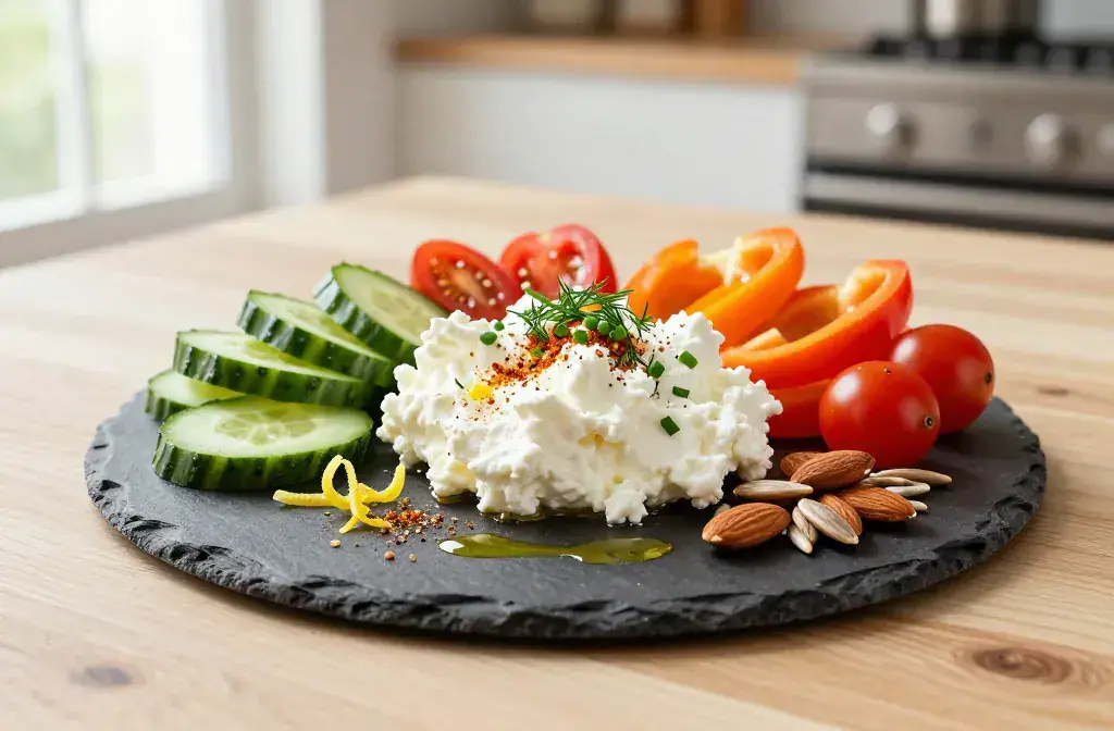 Finished savory cottage cheese snack plate recipe for Savory Cottage Cheese Snack Plate (High-Protein Girl Dinner) Perfect Plate - A vibrant, high-contrast hero